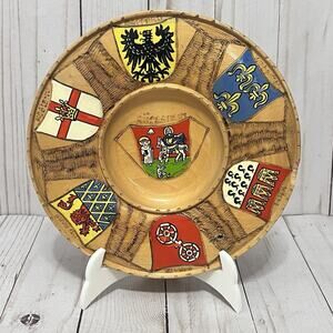 Vintage German Hand Carved Wood Wall Plate Rhineland Heraldry Mainz Saint Martin